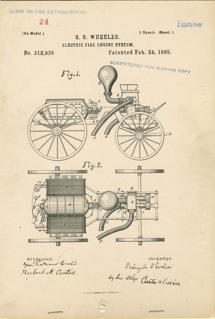 S.S. Wheeler Electric Fire Engine System Patent